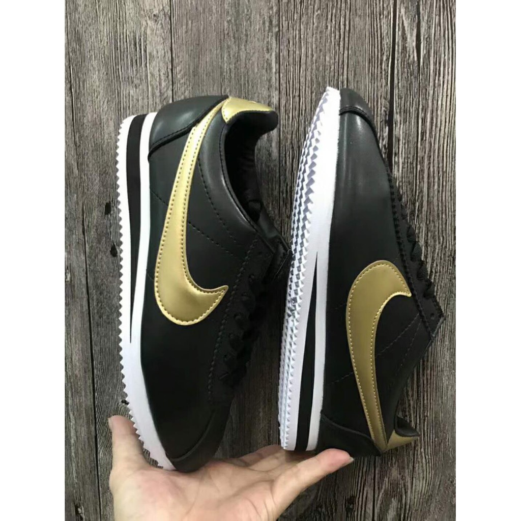 Nike Cortez 皮皮質皮革阿甘阿甘鞋黑色黑底金勾金屁股金標情侶款運動鞋男女跑步鞋休閒鞋 蝦皮購物