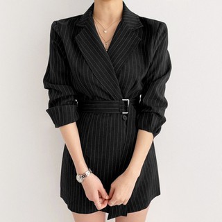 韓風 韓國chic法式輕熟風豎條紋翻領單排扣系帶收腰長袖西裝式連衣裙女 西外