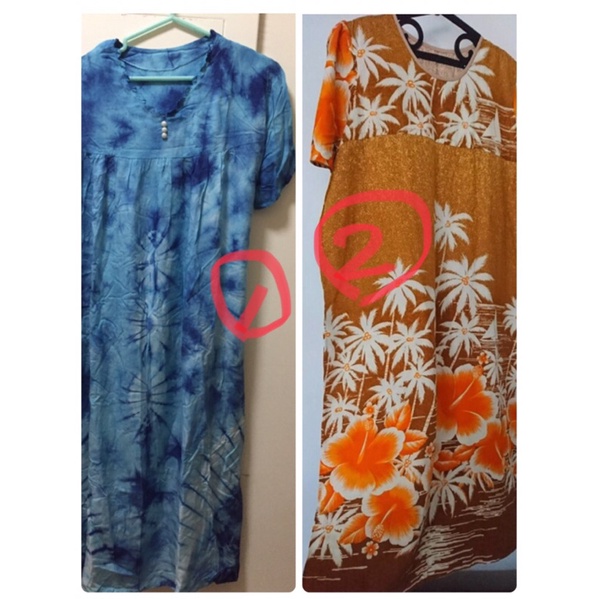 1) 手工漂染 藍色 純棉寬大洋裝 類似BATIK 休閒裝 海灘裝 家居服 睡衣  2)日本大朵印花 短袖 大尺碼 洋裝