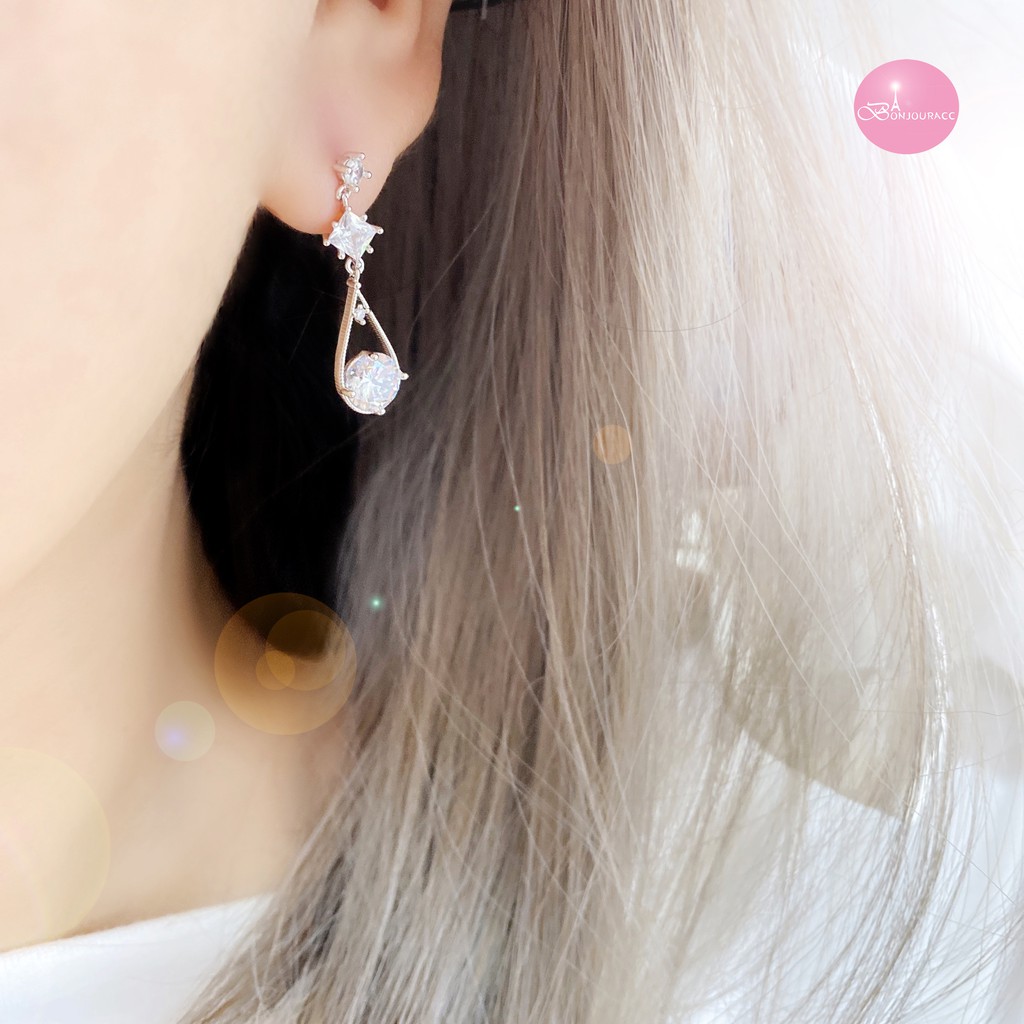 韓國 鋯石水滴鑽造型 925銀針 夾式 耳環 垂墜耳環 台灣現貨【Bonjouracc】