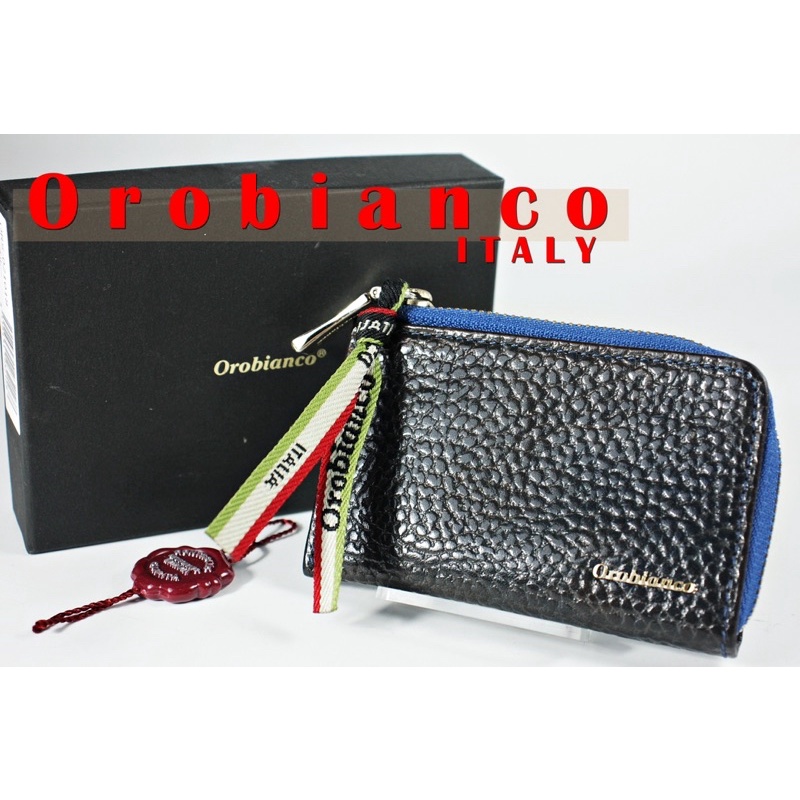 義大利品牌 Orobianco 黑色經典三色緞帶真皮L型拉鍊 卡夾零錢包