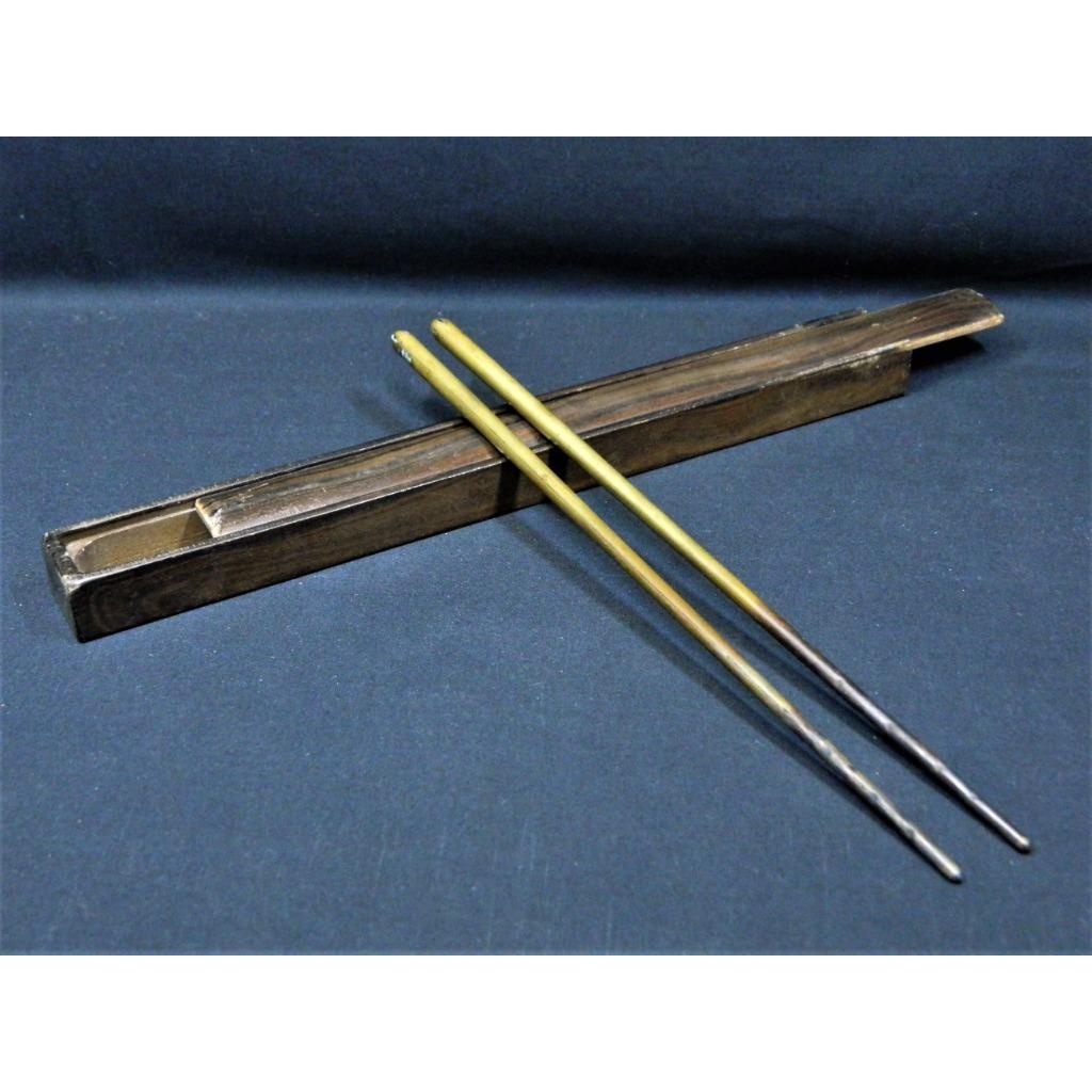 日本火鉢風爐道具 銅製火箸及筷箸木盒 火筷 炭夾 茶道具 銅箸 鐵壺 火爐 82045