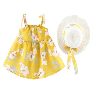 嬰兒連身裙女寶寶清新吊帶綁帶白玉蘭裙子洋裝(送草帽)