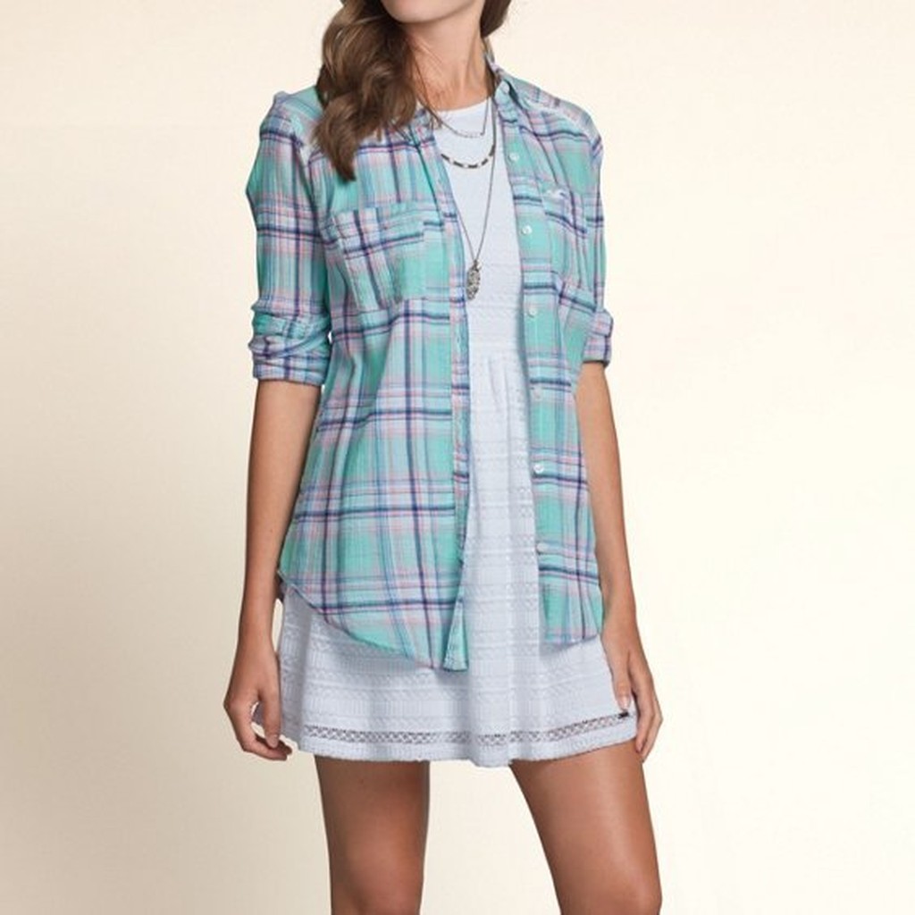 Hollister Seaside Reef Plaid Shirt 女海鷗 格紋蕾絲長袖襯衫 現貨S號