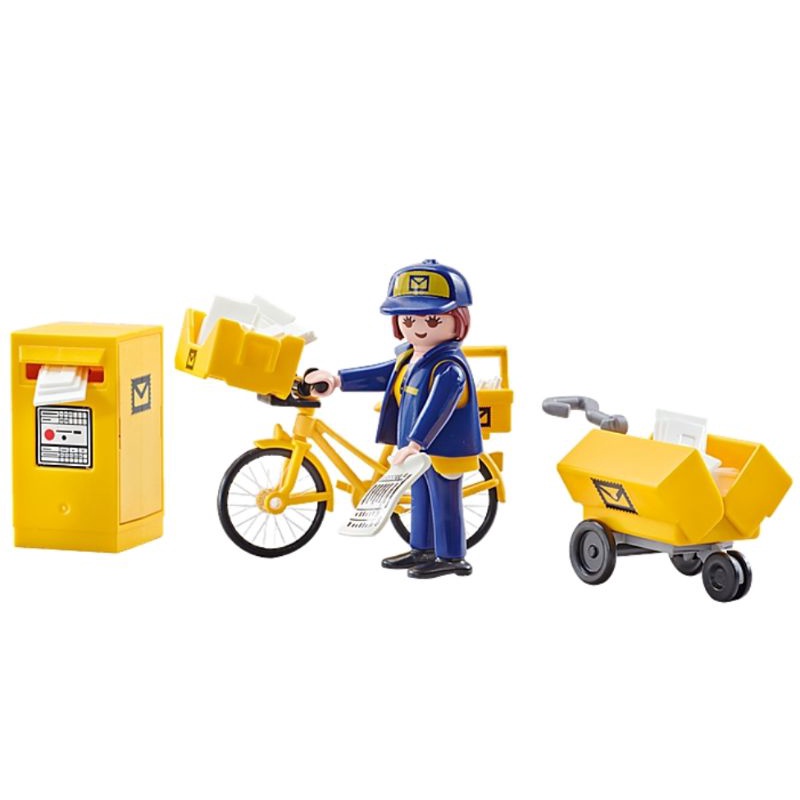 全新 Playmobil 摩比 9806 女郵差 女郵務士 郵差 制服 腳踏車 自行車 郵政拖車 郵箱 郵筒 報紙 信件