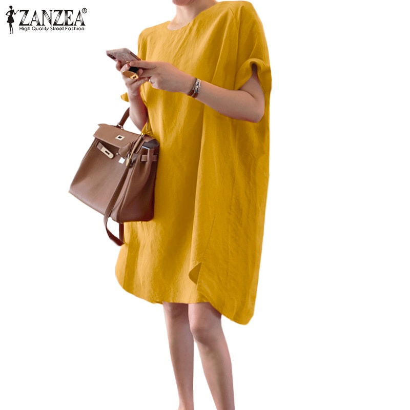 ZANZEA 女式韓式半袖O領純棉日常休閒寬鬆短款連衣裙
