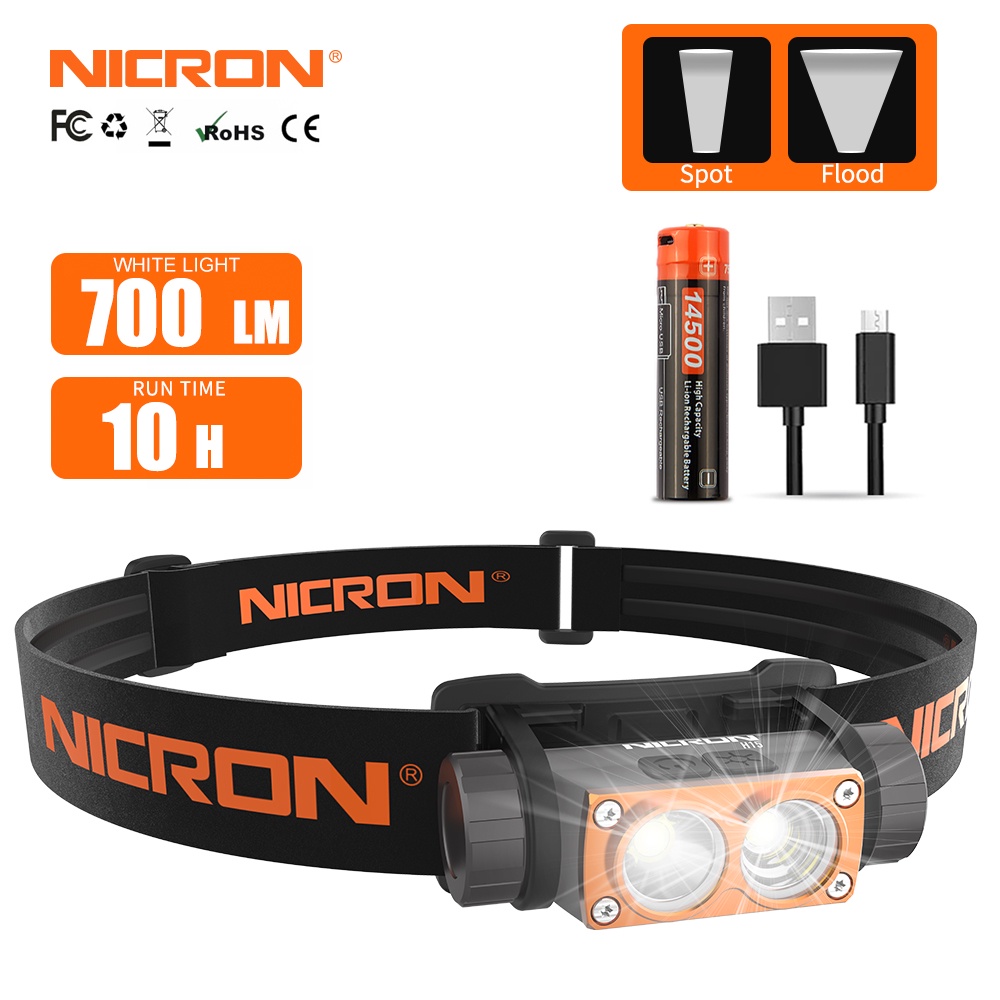 Nicron H15 頭燈 700lm 射燈/泛光燈雙開關 LED 手電筒頭燈便攜式頭燈 14500 可充電燈