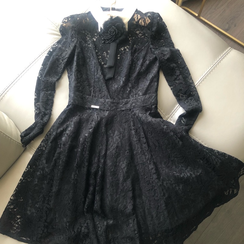 W Les Femmes 歐洲設計師精緻氣質黑色蕾絲洋裝 95新