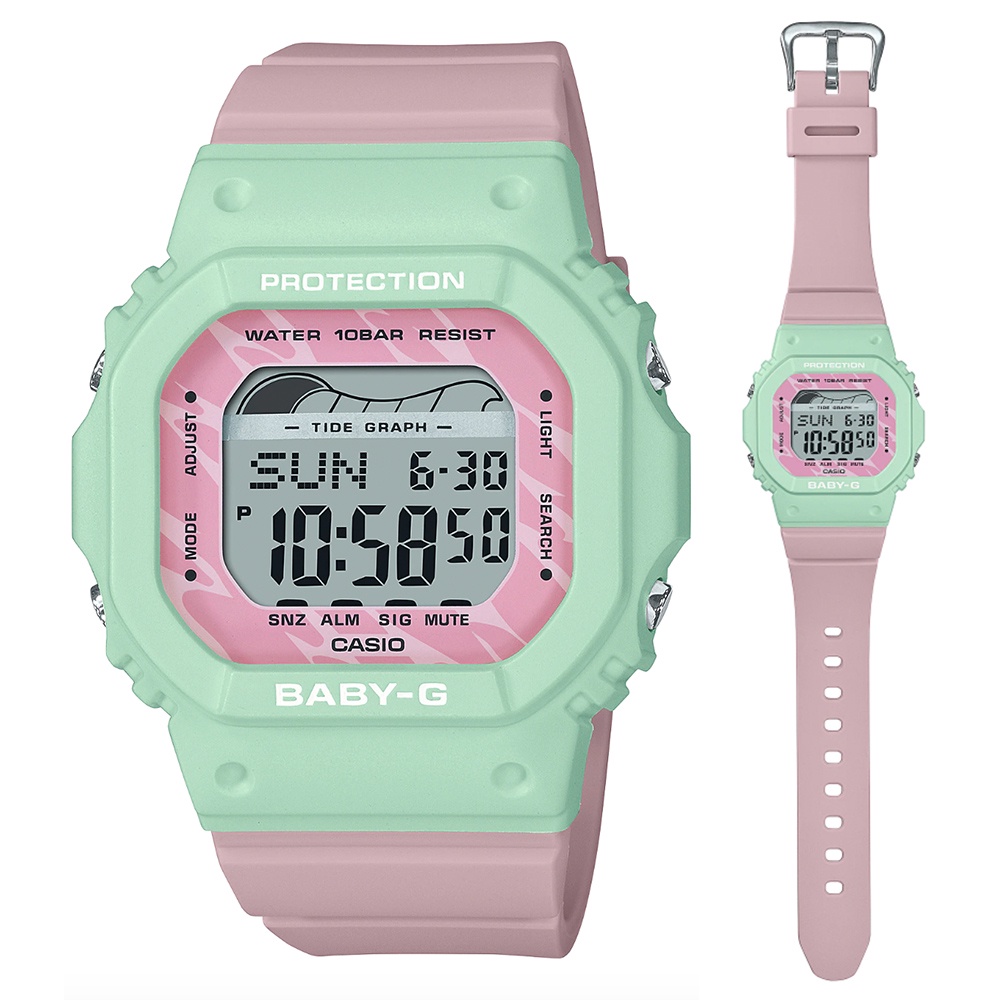 【CASIO 卡西歐】BABY-G 纖薄經典方形電子錶-波浪粉綠(BLX-565-3)