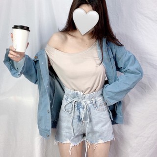 2款多色現貨秒出♥️實拍【JinG】素面/反摺款不對稱刷破綁帶牛仔褲 抽繩高腰褲 大腿修飾褲管寬褲 單寧熱褲 牛仔短褲