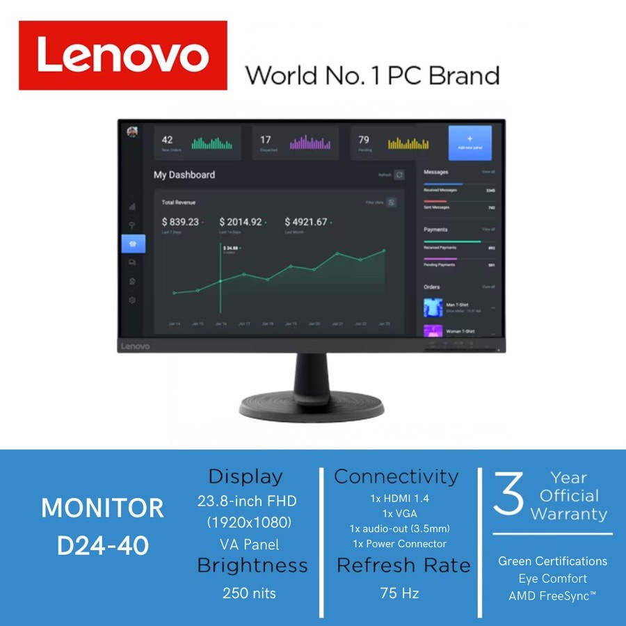 顯示器 LENOVO LED 23.8 D24-40 FHD VA 面板 75Hz 防眩光