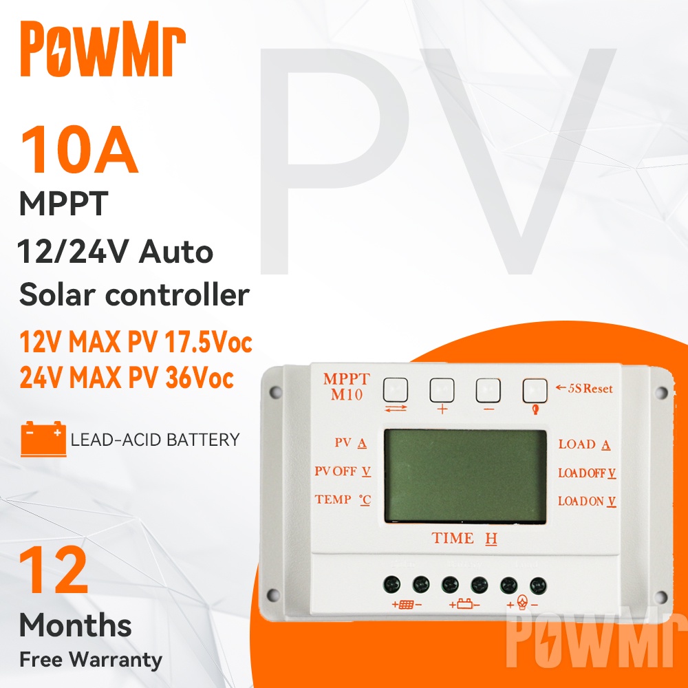 Powmr MPPT 10A 太陽能充電控制器 12V 24V 太陽能電池板電池控制器 LCD 顯示屏雙定時器功能 M1