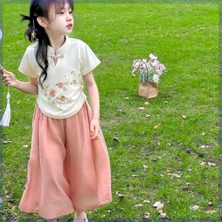 【臺灣出貨】女童夏季套裝 兒童中式國風闊腿褲 清新短袖 闊腿褲 兩件套 女童套裝 女童闊腿褲 女童漢服 盤扣上衣 民族風