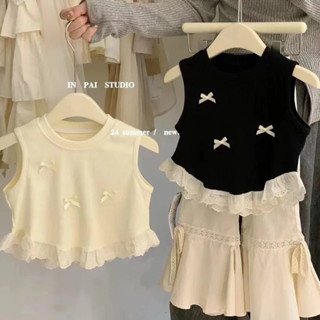 💕洋洋兒童店💕 女童短袖 女童上衣 夏季新款兒童蝴蝶結花邊背心女童甜美風 兒童短袖 女童背心 女寶短袖背心 兒童上衣