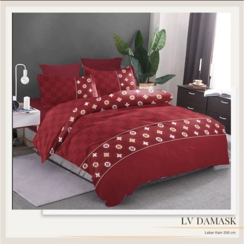Katun LV DAMASK 圖案防滑床單 cvc 棉質兩個枕套框架,無泡沫襯裡和兩個枕套