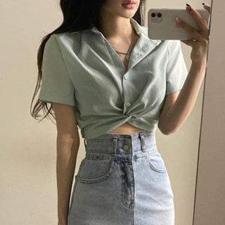 Yelly's~Shop韓國chic夏季法式小衆設計感上衣翻領高腰扭結顯瘦露臍短款襯衫女
