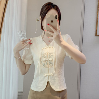 中式盤扣上衣女|繡花襯衫|夏季短袖襯衫|減齡短袖|國風短袖上衣|流蘇泡泡上衣|媽媽裝大碼襯衫|大碼女裝上衣|阿嬤衣服上衣