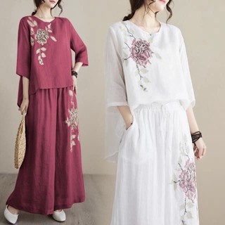 棉麻復古刺繡套裝女夏季套頭短袖輕薄闊腿褲顯瘦上衣褲子兩件套裝 女生套裝 時尚套裝 可愛套裝 五分袖闊腿褲兩件套