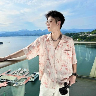 臺灣出貨花襯衫2024男夏季時尚潮流紮染痞帥小眾慵懶夏威夷度假襯衣五分袖 夏季襯衫 男生襯衫 透氣襯衫 防曬襯衫 韓係襯