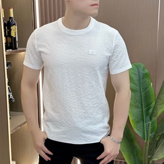 設計師T恤肌理冰絲感繡標寬鬆圓領男士短袖百搭輕舒適短袖T恤男 男士上衣 大尺碼短袖