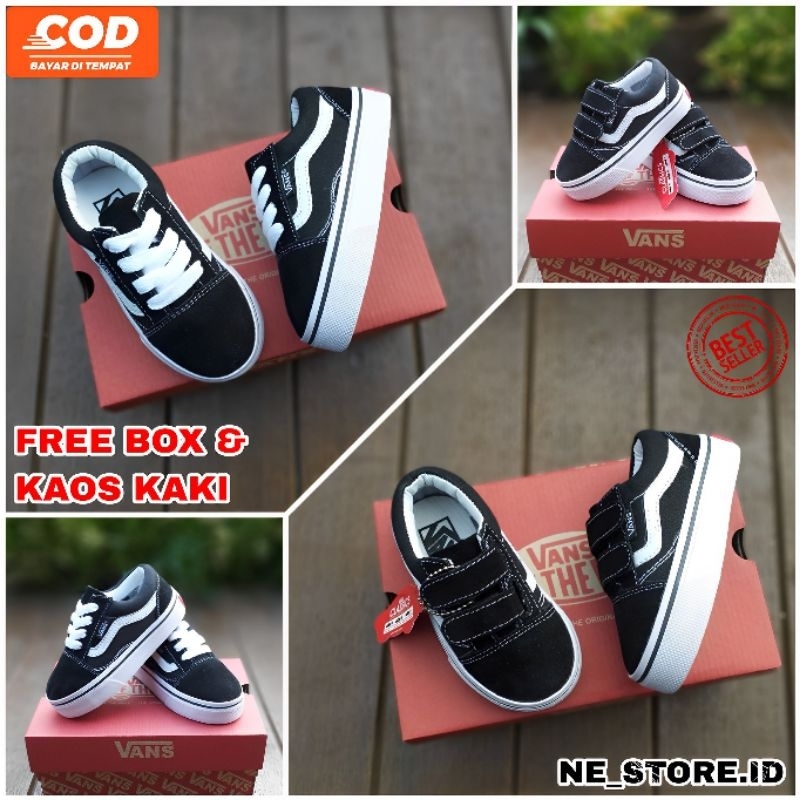 范斯 Hitam PUTIH vans oldskool 鞋男童女童鞋學校鞋童鞋貨車 old skool 黑色白色/高級