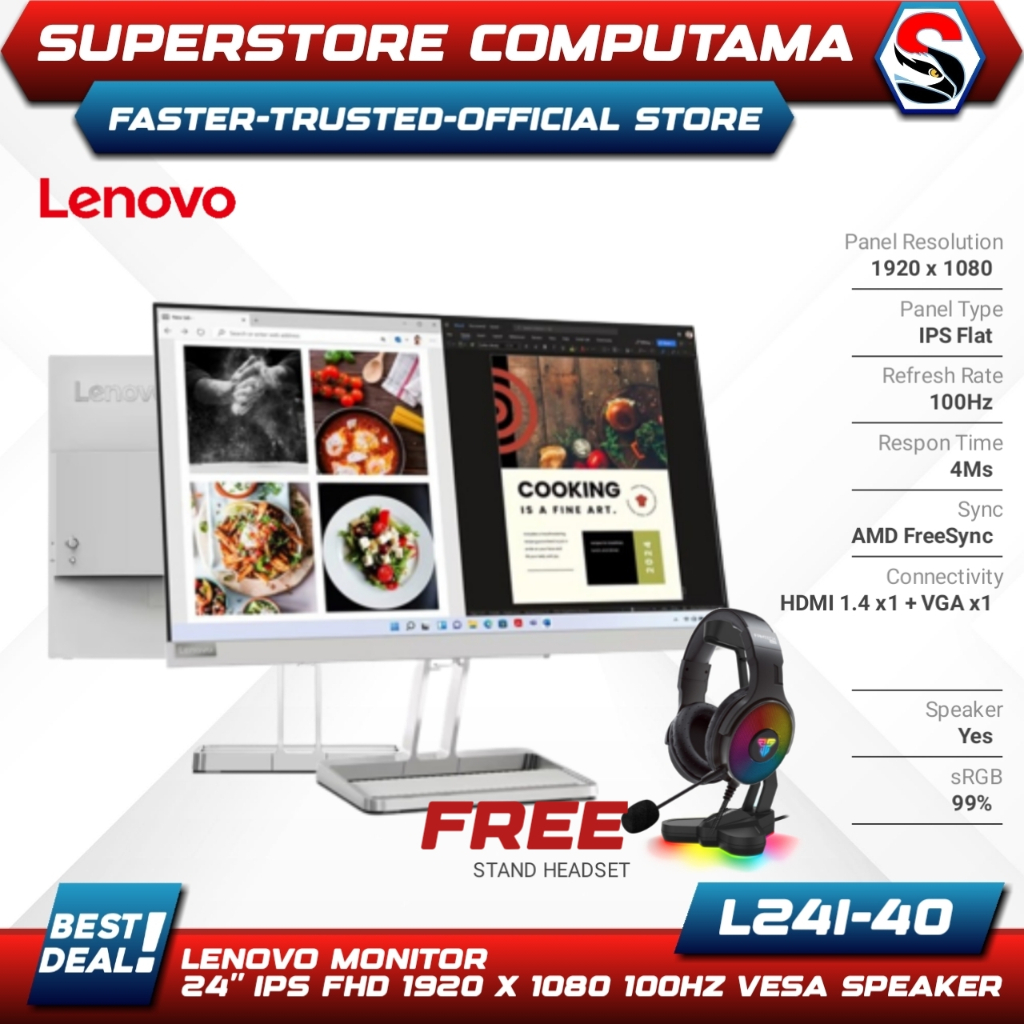 Led 顯示器 LENOVO L24i-40 24 IPS 1080p 100Hz VGA HDMI 揚聲器 VESA