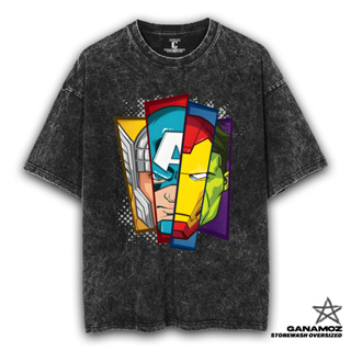 Ganamoz Marvel 電影 T 恤 THE AVENGERS HERO Stone Wash Oversize