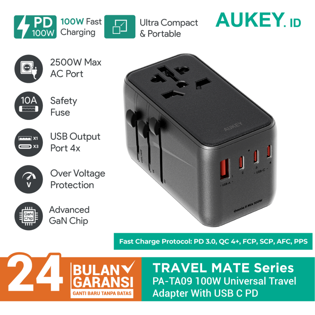 通用適配器 AUKEY PA-TA09 帶 USB C PD 100W 501745