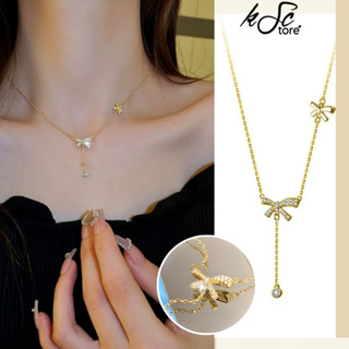 鎖骨鏈項鍊項鍊蝴蝶絲帶設計裝飾金銀色水晶/韓國時尚絲帶項鍊