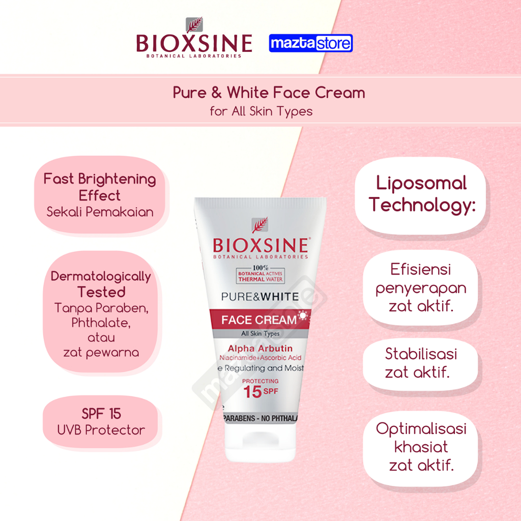 Bioxsine Pure and White Face Cream SPF 15 使用脂質體技術保持水分和提亮膚色,支