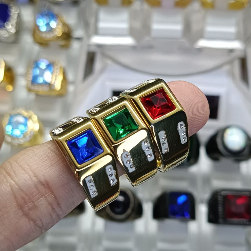 黃玉寶石男士戒指 3 款紅色綠色藍色簡約簡約鈦戒指