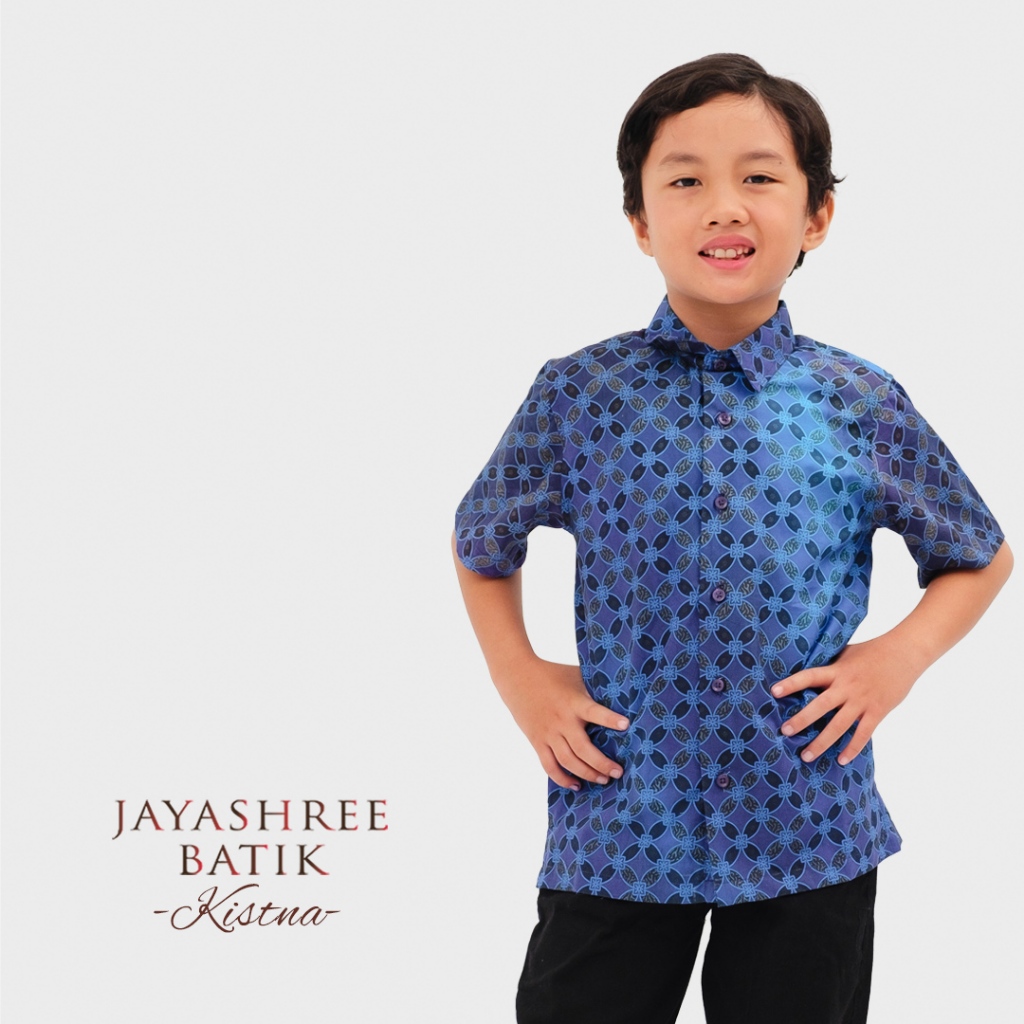 Kemeja Jayashree Batik Kids Kistna 藍色兒童短袖蠟染襯衫