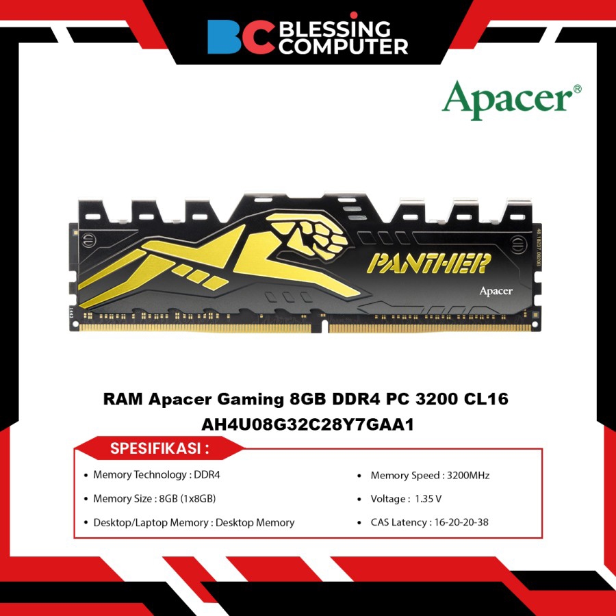 APACER 宇瞻遊戲內存 8GB DDR4 PC 3200 CL16 AH4U08G32C28Y7GAA1