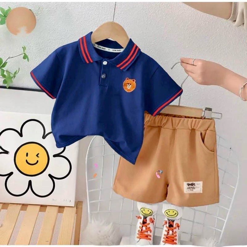 Katun Polo BEAR 襯衫領套裝男寶寶尺碼1-5歲純棉材質酷軟兒童日常裝套裝寶寶衣服小孩T恤寶寶小孩牛仔牛仔褲