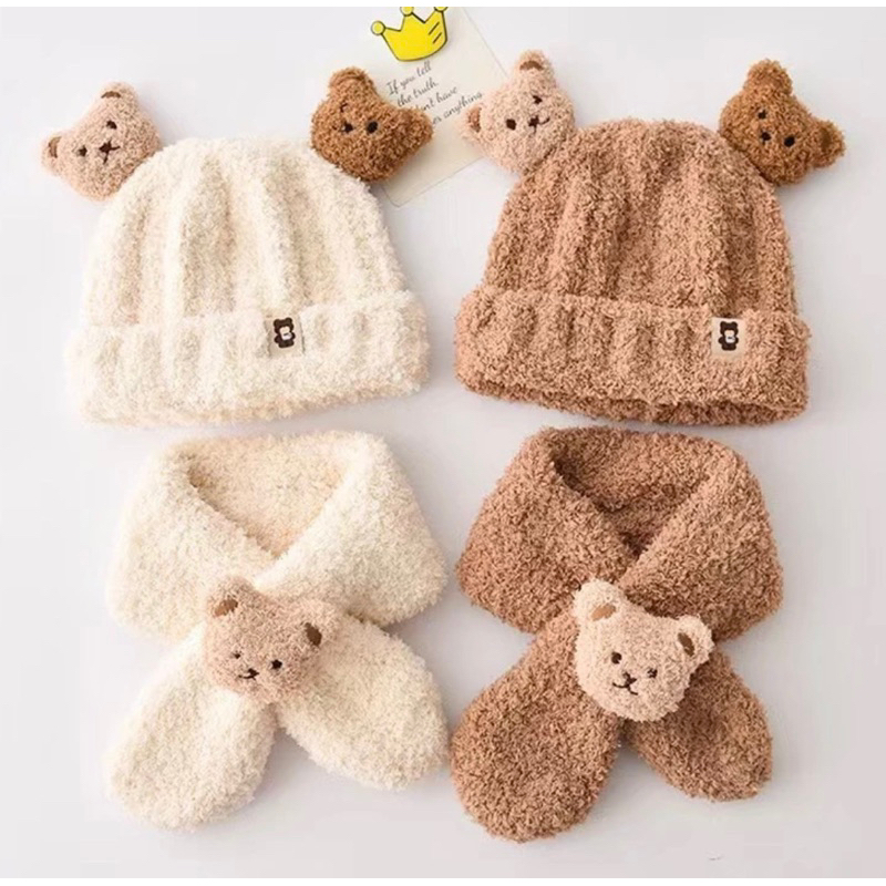 2 合 1 圍巾帽子韓式兒童嬰兒熊圖案柔軟針織抓絨材料嬰兒兒童韓式帽子和圍巾熊圖案柔軟棉質羽毛 125 頭套兒童嬰兒優質