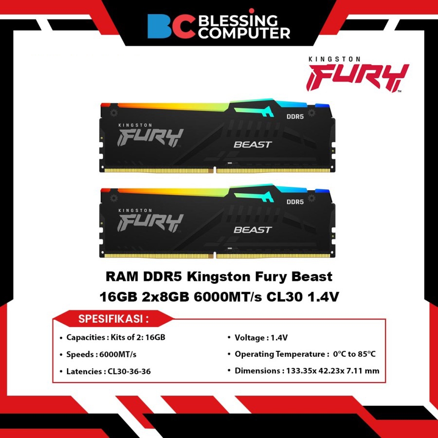 內存 DDR5 金士頓 Fury Beast 16GB 2x8GB 6000MT/s CL30 1.4V KF560C3