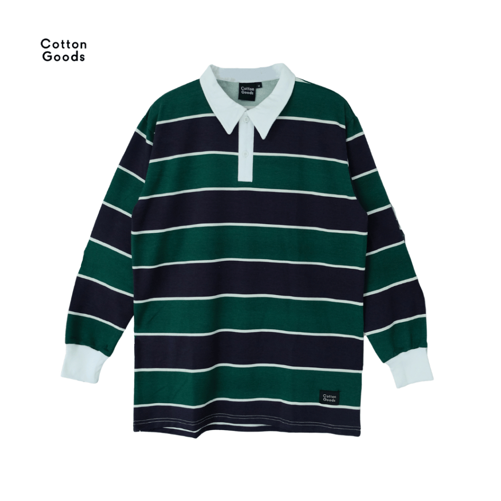 棉製品 Kaos Panjang 條紋復古橄欖球 Polo 衫斜紋氨綸長袖 Claes 海軍綠色白色 T 恤