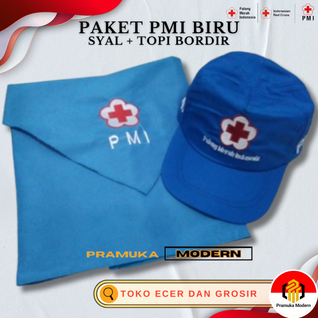 Merah Pmi MADYA帽子圍巾印尼紅十字包藍色電腦刺繡