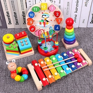 Kayu 兒童玩具基本木製教育感官蒙台梭利時鐘拼圖形狀幾何木琴