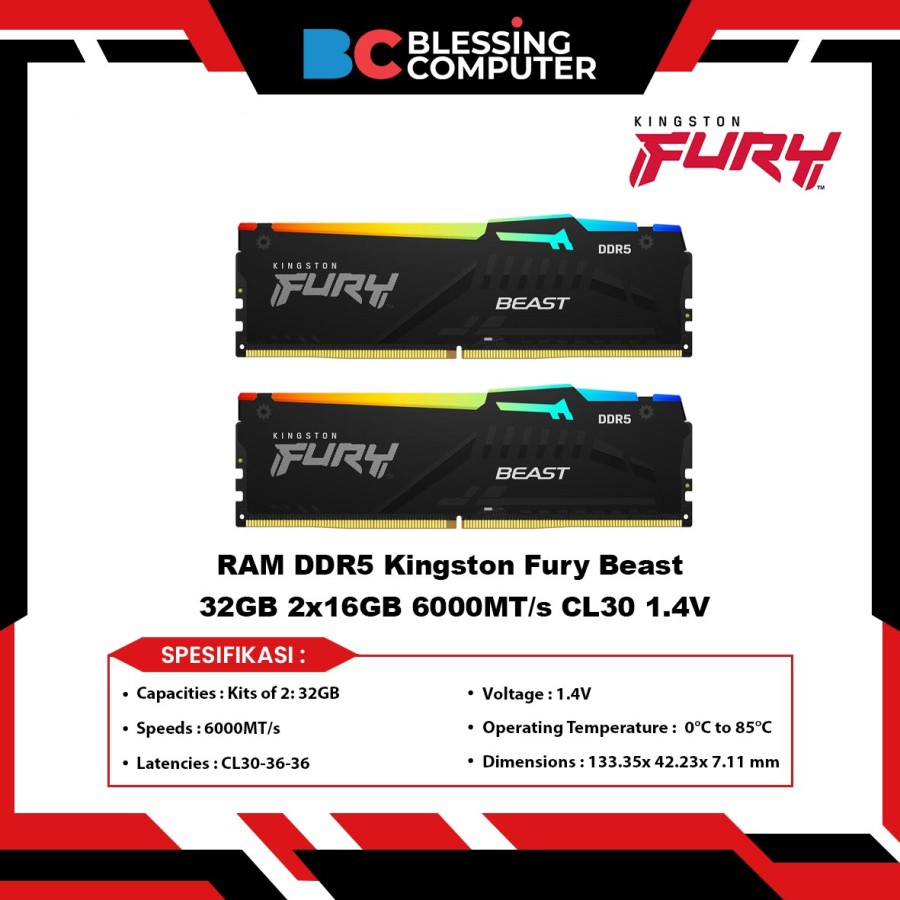 內存 DDR5 金士頓 Fury Beast 32GB 2x16GB 6000MT/s CL30 1.4V KF560C