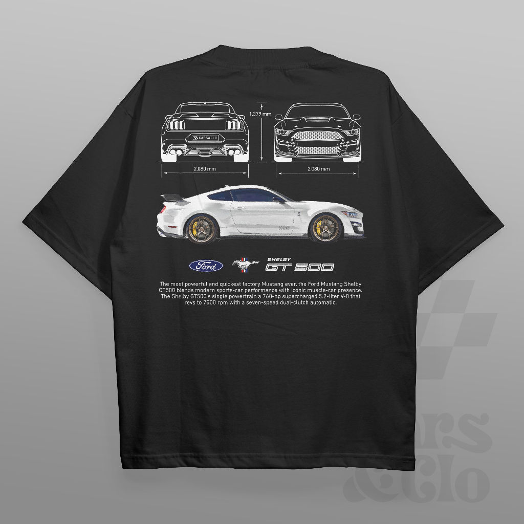 汽車和 Clo 常規版型黑色福特野馬 Shelby GT500 藍圖 T 恤