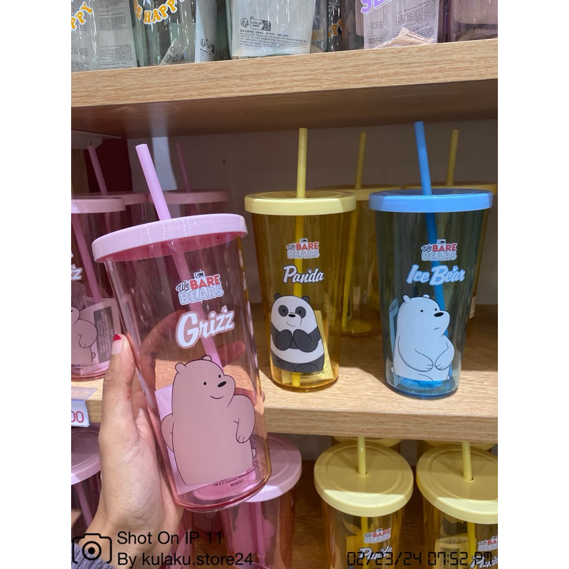 Miniso We bare bears 透明塑料瓶帶吸管 600ml 兒童飲水瓶不倒翁兒童禮物