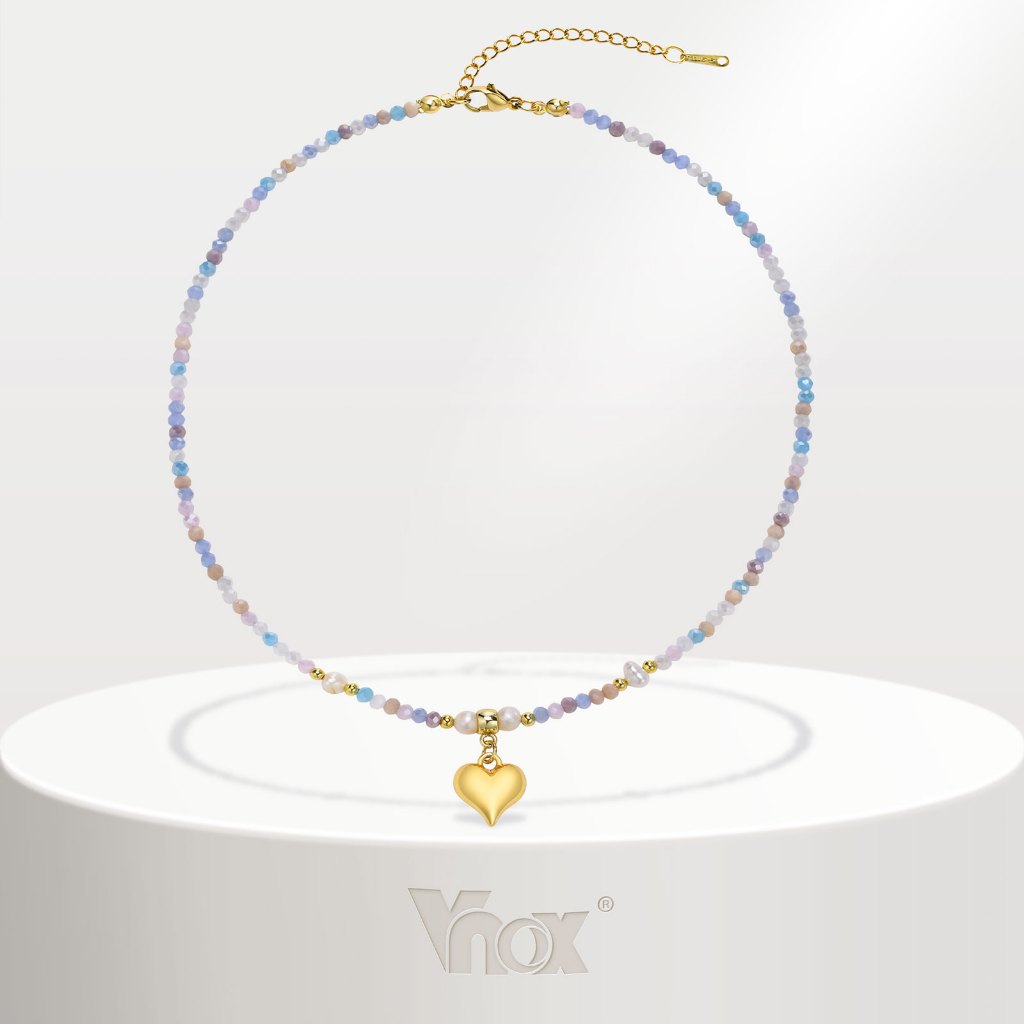 Vnox 串珠寶石項鍊女士心形吊墜彩色波西米亞珠項鍊項鍊夏季珠寶