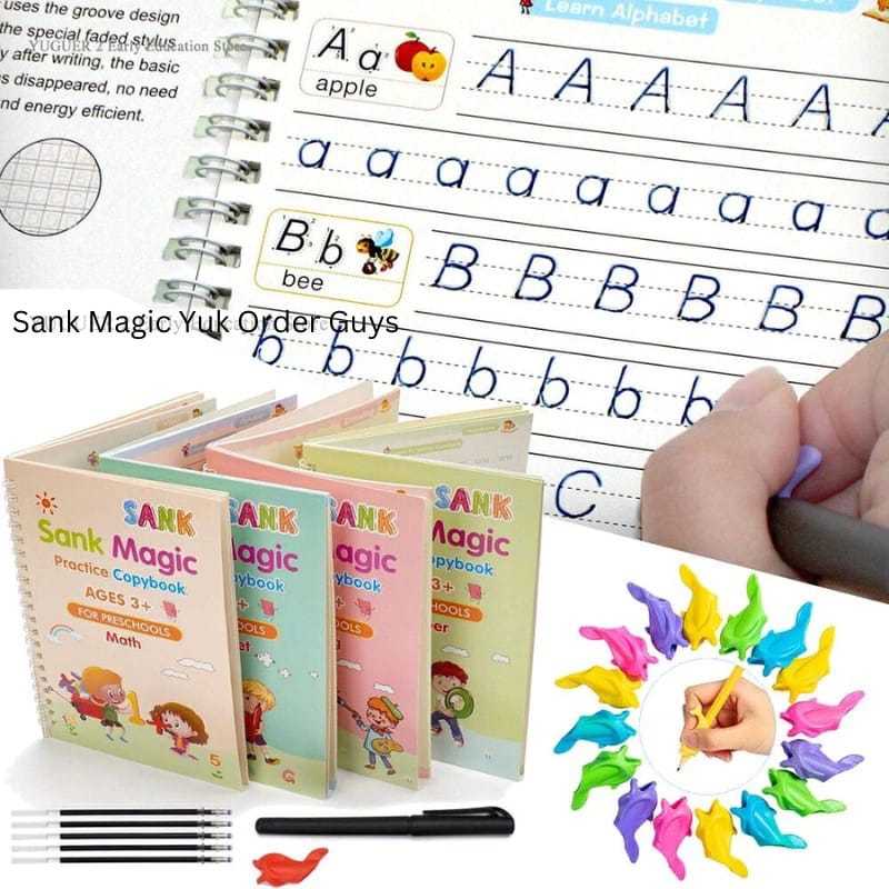 Sank 魔法練習冊 1 套 4 本書 + 紙漿/4 件 Sank 魔法書兒童寫作學習書數字字母教育書幼兒園 SD PA