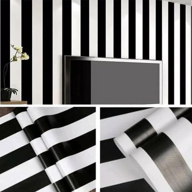 Hitam壁紙牆貼臥室牆貼客廳最佳產品直黑色條紋圖案
