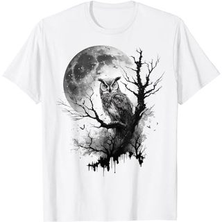 貓頭鷹月亮樹動物印花藝術動物愛好者貓頭鷹 T 恤