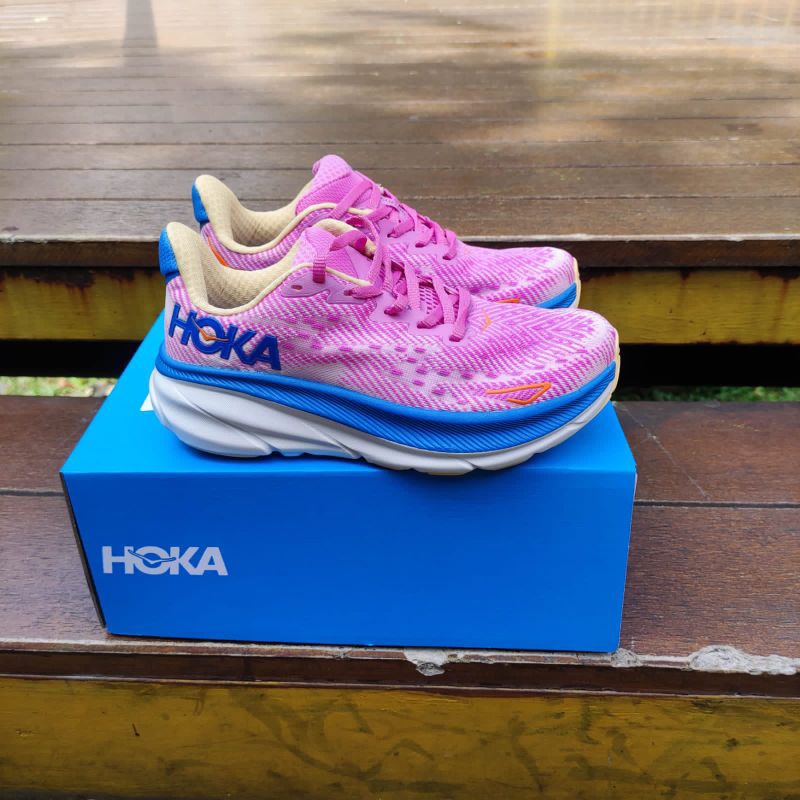 女士跑步公路鞋 Hoka Clifton 9 粉色藍色