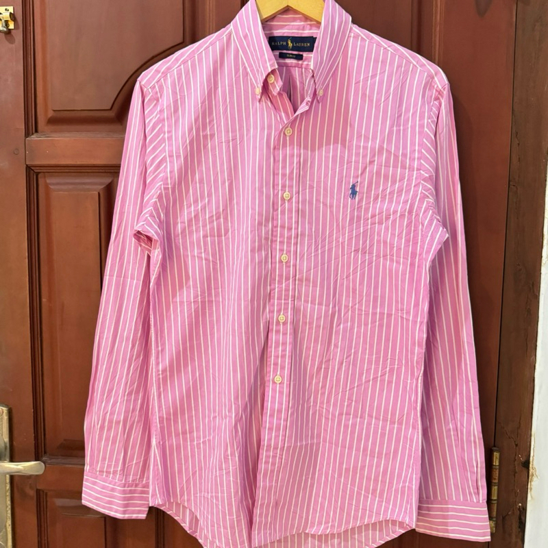 Kemeja Polo Ralph Lauren 襯衫粉色白色修身版型 S Preloved