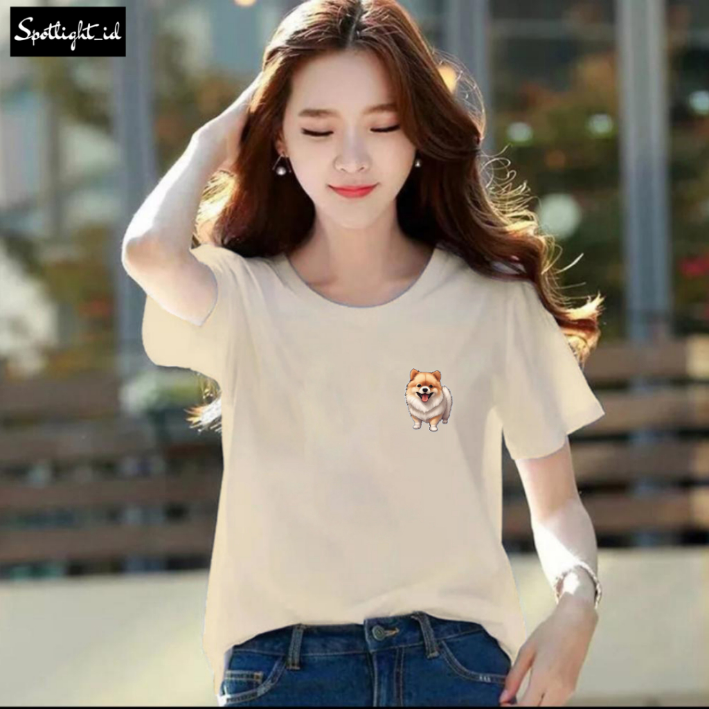KATUN SPOTLIGHT_ID 女士 T 恤圖片博美犬梳棉 30 年代 T 恤男女博美犬貼紙韓國 T 恤博美犬貼紙