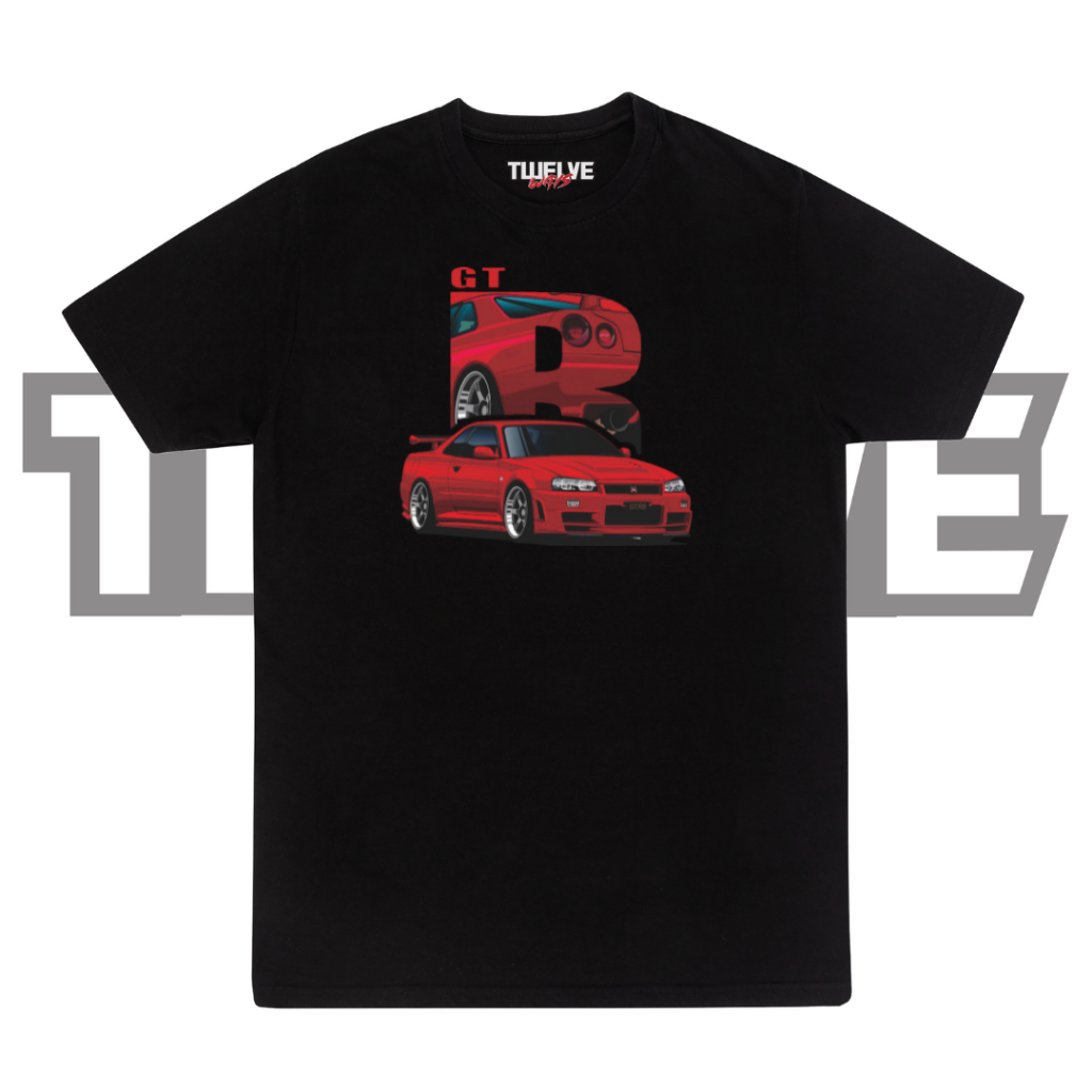 Nissan SKYLINE GTR R34 紅色黑色常規 T 恤 T 恤 JDM 上衣男士女士襯衫男孩中性